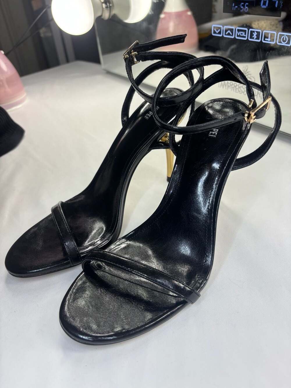 JW PEI Alivia Gold Metal Heel Sandals in Black - Picture 7 of 11